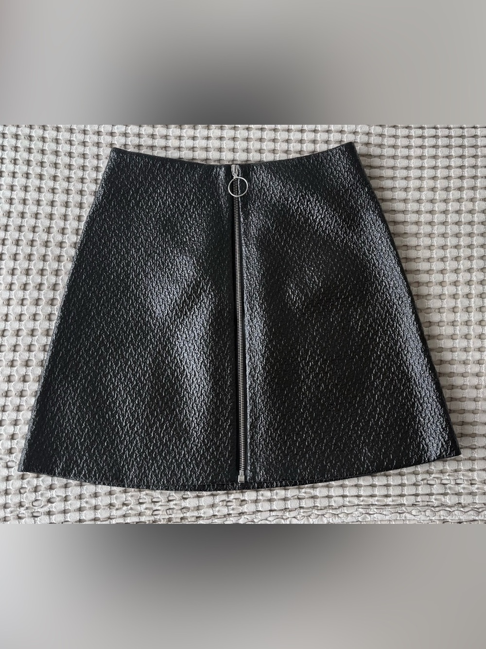 Maje Black Textured A-Line Mini Skirt with Front Zip